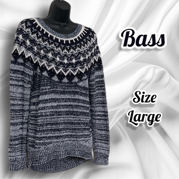 Bass Navy Blue & White Knit Ski Sweater Size Large Cotton Blend - Picture 1 of 15